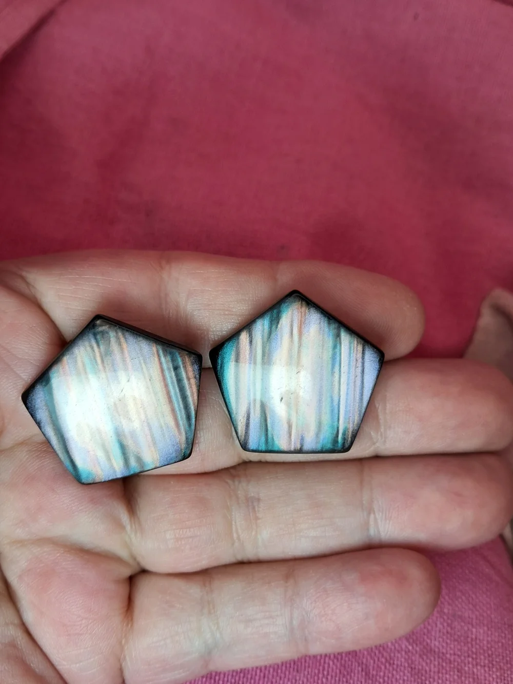 Iridescent Pentagon Shaped MOP Stud Earrings w/ Labradorite-Style Shimmer
